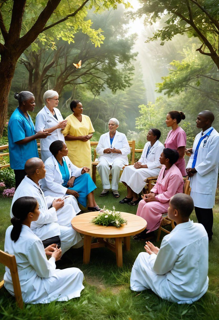 A serene scene depicting a diverse group of patients and healthcare professionals engaged in a warm discussion about cancer care. In the backdrop, a calming nature setting symbolizes hope and healing, with butterflies representing transformation and survivorship. Include subtle elements like a guidebook labeled 'Cancer Care' and icons of prevention like ribbons and healthy foods. The overall tone should be uplifting and supportive. soft-focus, vibrant colors, 3D.