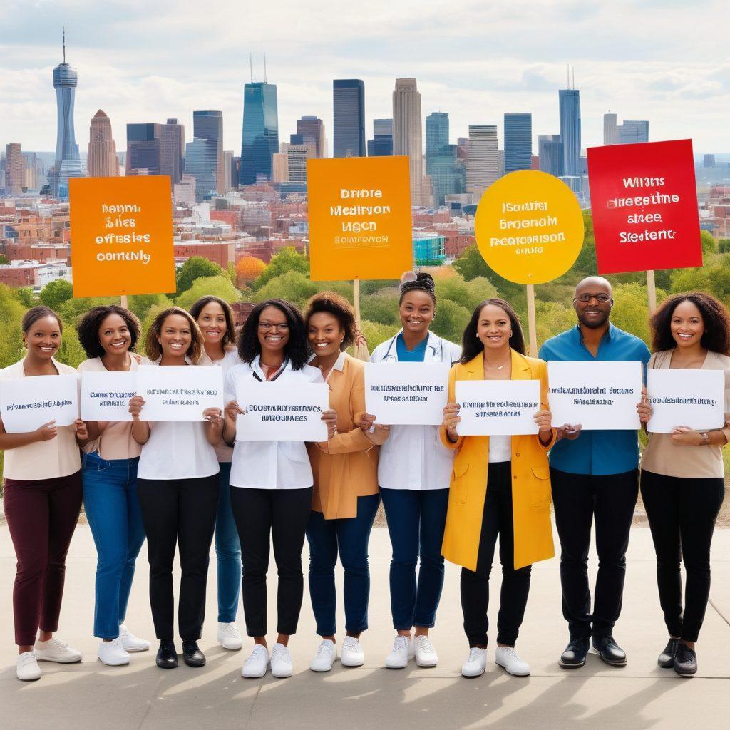 An empowered group of diverse individuals standing together, holding signs that promote health advocacy and community support. In the background, a vibrant cityscape symbolizing unity and strength, with bright colors and hopeful expressions. Include symbols of healthcare and communication, such as stethoscopes and megaphones. The scene conveys hope, resilience, and collective effort. super-realistic. vibrant colors. white background.