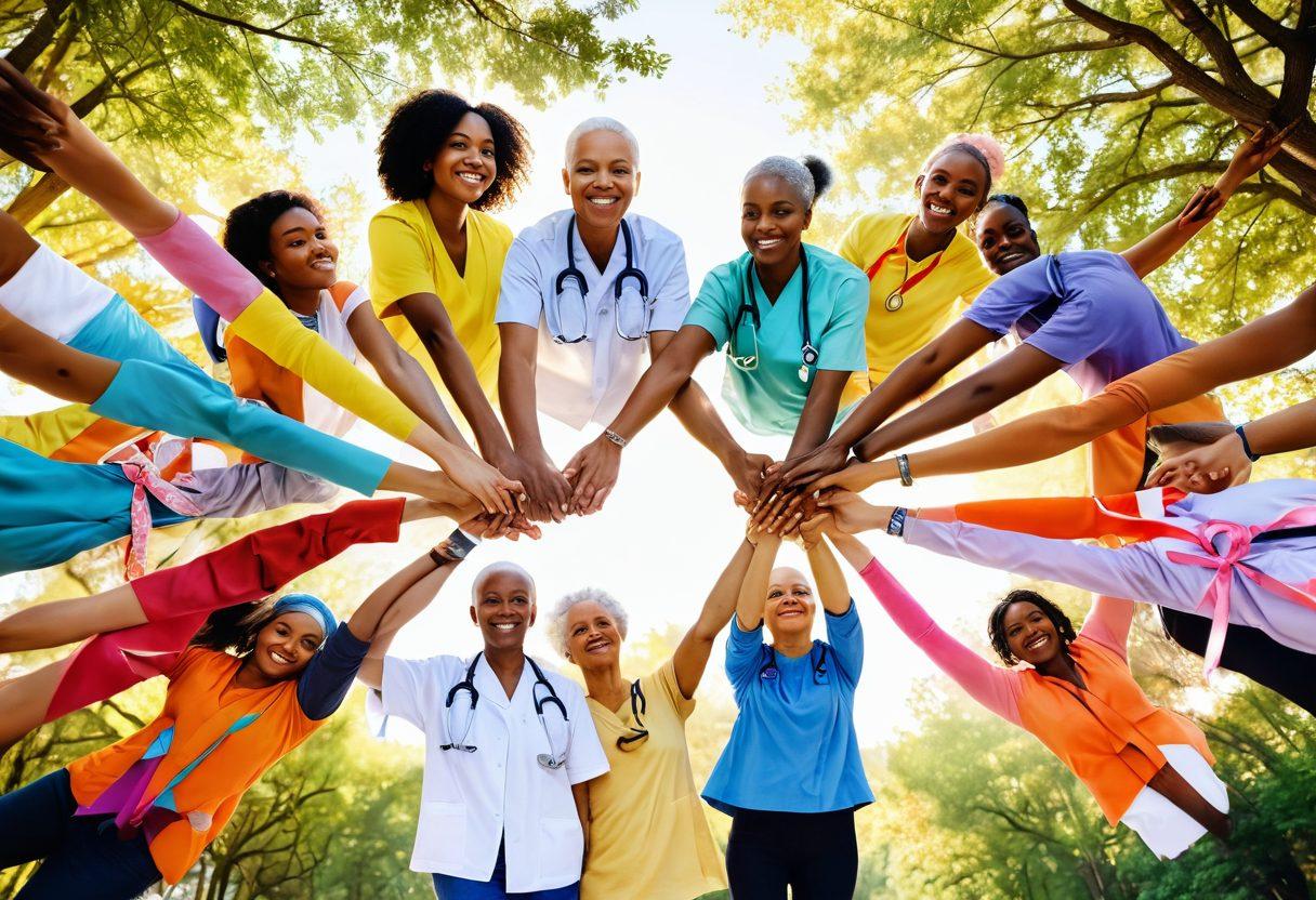 A vibrant collage showcasing diverse cancer survivors holding hands in a circle, surrounded by colorful awareness ribbons, a stethoscope, and educational pamphlets. In the background, soft sunlight filtering through trees symbolizes hope and healing. The overall mood is uplifting and empowering, representing community support and knowledge. super-realistic. vibrant colors. white background.